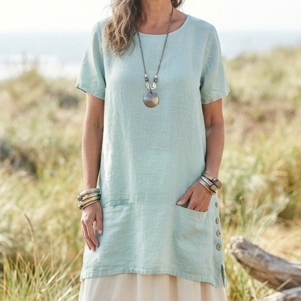 Cotton Company linen Tunic top sharkbite shell Button lagenlook coastal boho
